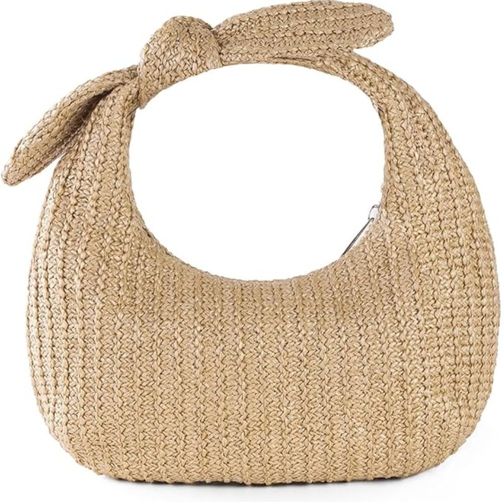 Knot Detail Woven Straw Clutch Shoulder Bag